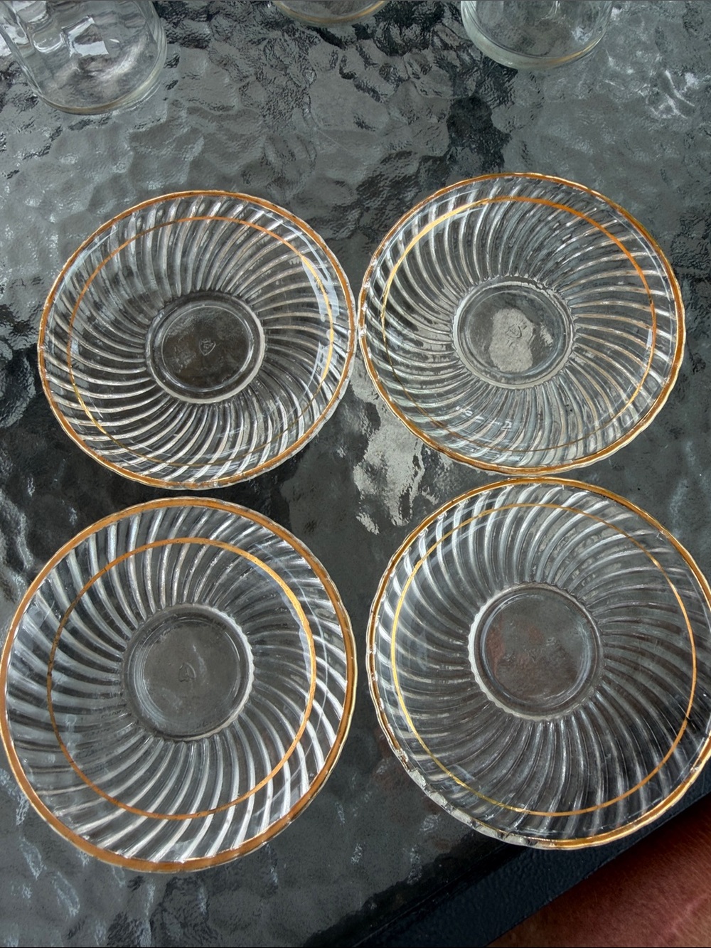 Set of 4 FederalGlass saucers with Gold Trim -